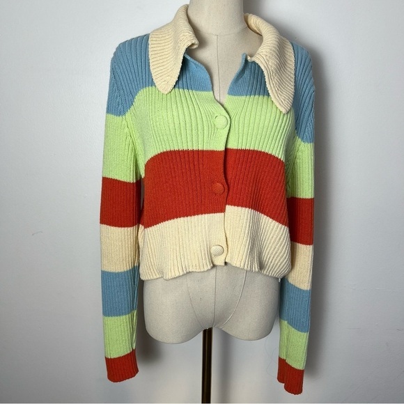 Zara Striped Button Front Knit Cardigan Sweater with Collar - Picture 2 of 8